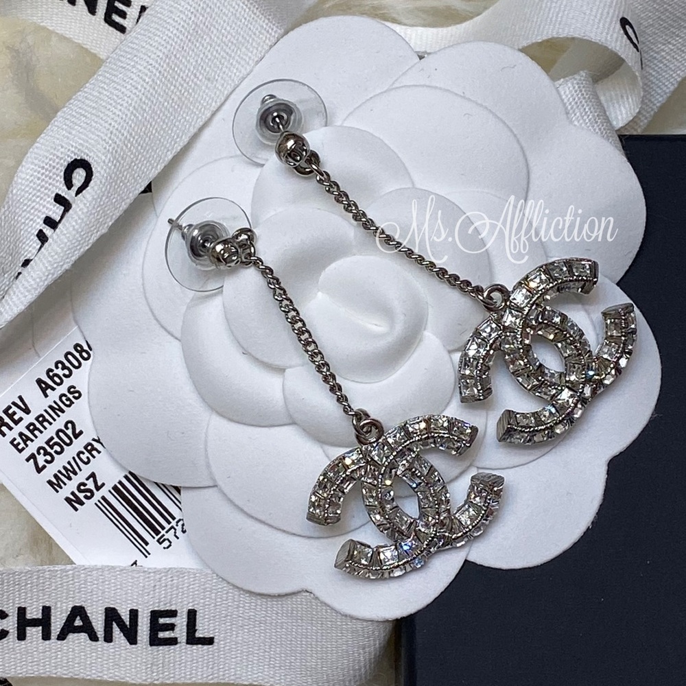 CHANEL 🖤NEW🖤 Authentic Crystal Double Sided Crystal Strass CC Silver Earrings